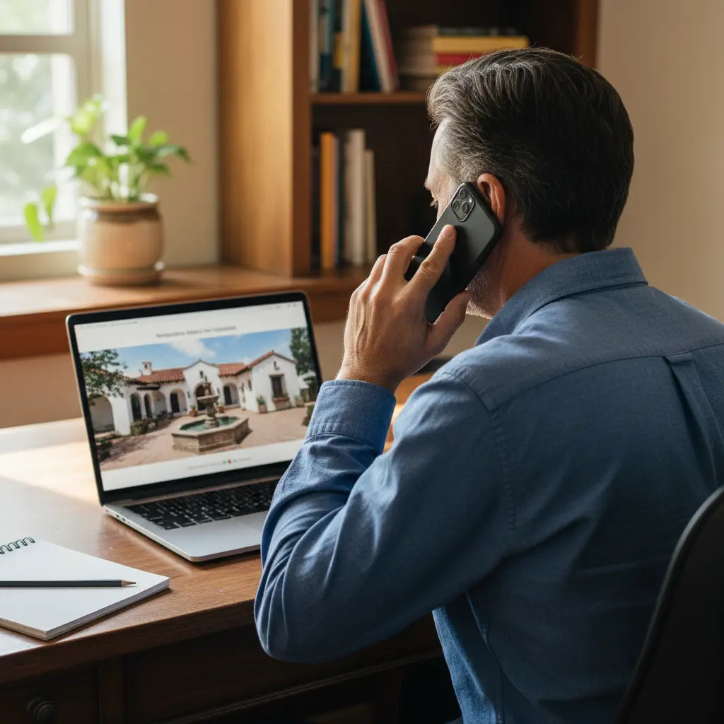 Over-the-shoulder view of a buyer in the U.S. on a voice call while reviewing listing in Mexico